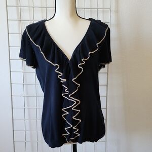 Chaps Navy Ruffle Sweater Top with Gold Trim Large